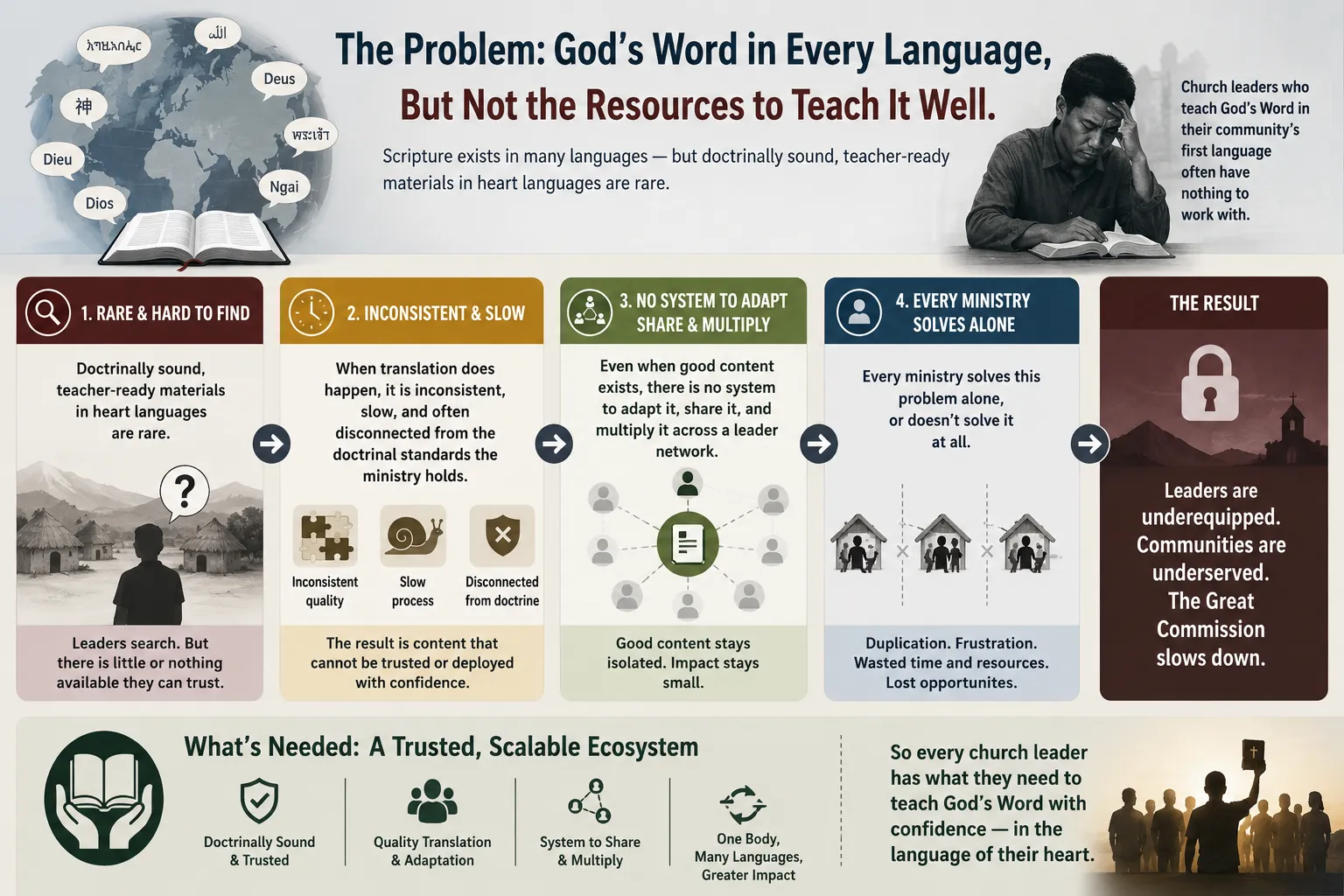 Diagram showing the gap between available Scripture and teacher-ready materials in heart languages